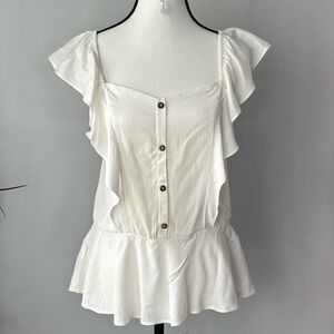 Moa Moa White Ruffle Sleeve Button Front Peplum Top ITD701-RLX L